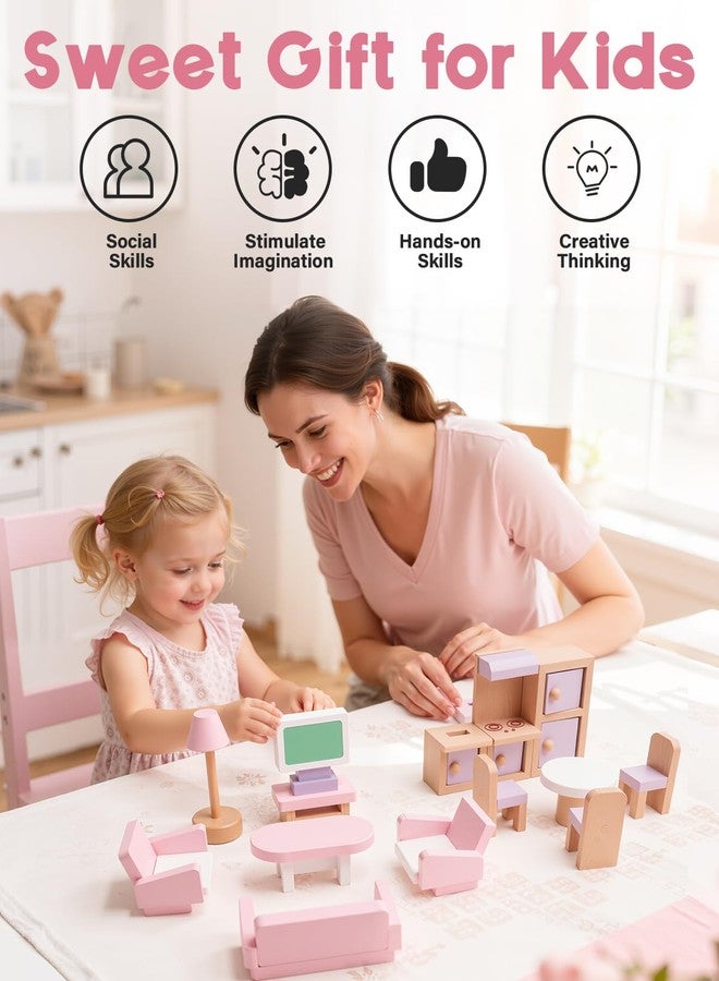 BIERUM Wooden Dollhouse Set, Dolls and Furniture Playset Pretend Play Dollhouse Accessories Set - Image 4
